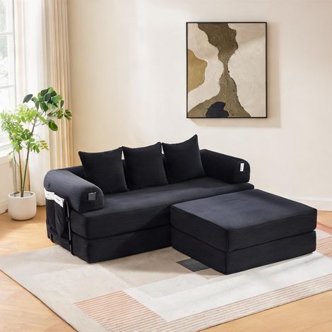 Ensemble canapé modulaire noir avec pouf 3 coussins et rangement (1/5)