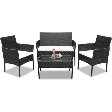 Jopassy Set di mobili da giardino in resina intrecciata - 4 posti - Divano + Poltrona + Tavolo + Cuscini per seduta Nero (1/5)