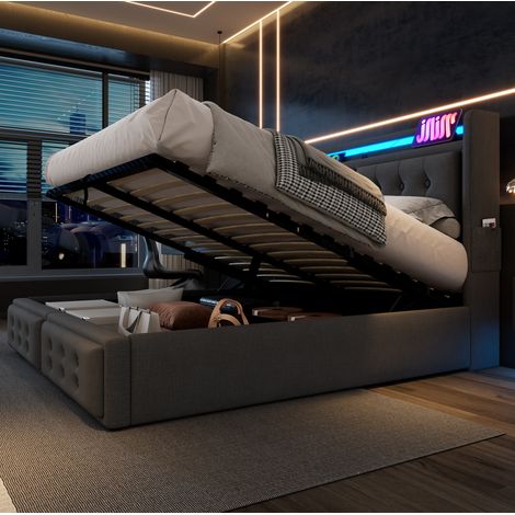 Lit coffre 180x200 avec tête de lit LED USB C gris HAVRYA (1/5)