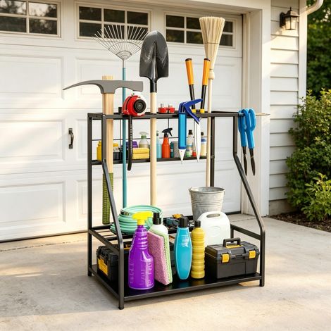 Gartenwerkzeug‑Organizer, 3‑stufiger Garagen‑Werkzeughalter mit Haken zur Wandaufbewahrung von Garten‑ und (1/5)