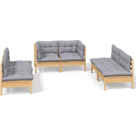 Divano da esterno - Set Divani da Giardino 6 pz con Cuscini Grigi Massello di Pino (1/5)