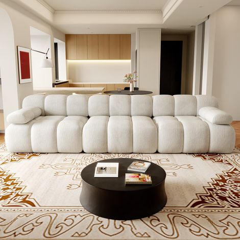 Canapé compressé 3 places 300x100x68 cm sans structure, sans montage, mousse haute résilience, assise profonde, tissu chenille blanc (1/5)