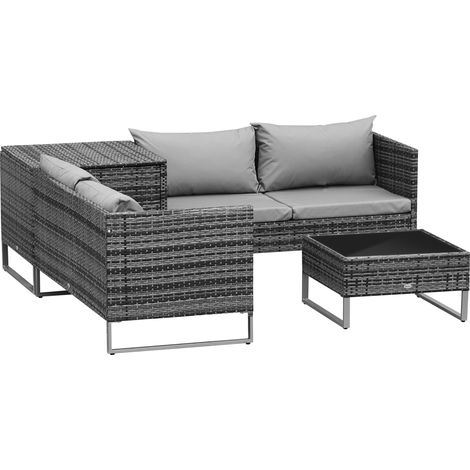 4 Piece Rattan Garden Furniture Set, Outdoor Corner Sofa Set Storage Table, Loveseats, Cushions - Grey (1/5)