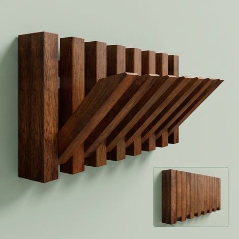Mai & Mai Porte Manteaux Mural en Bois Crochets Rétractables pour Salle de bain Cuisine Chambre Entrée Accroche Serviette Design Antidérapant Patère Murale Couleur Noyer 267×35×150 MM Twigro-01