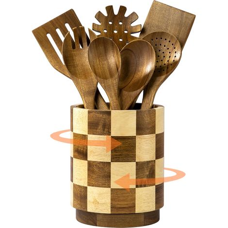 Support à ustensiles de cuisine en bois, support à ustensiles de cuisine à carreaux rotatif à 360° Support à ustensiles de comptoir en bois d'acacia de 7,2 pouces, pieds antidérapants, support de spa (1/5)