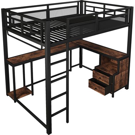 Lit mezzanine en métal 140x200 cm avec bureau, éclairage LED, station USB et rangements (1/5)