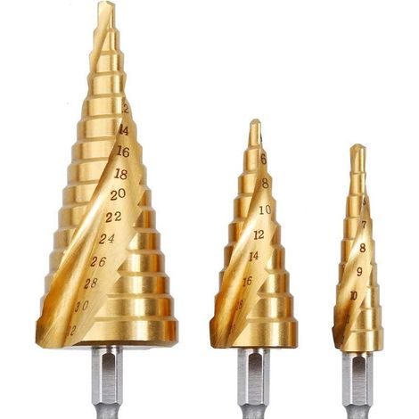 Foret Fraise Meche Etage, HSS Inox Metal, 4-12/20/32mm, Triangle Conique Titane, avec Tige Hexagone 3PCS (1/5)