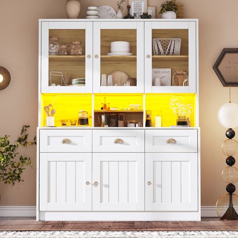 Buffet haut de cuisine (140×40×175 cm), vitrine avec étagères réglables, avec éclairage LED, couleurs d'éclairage variables, noir (1/5)