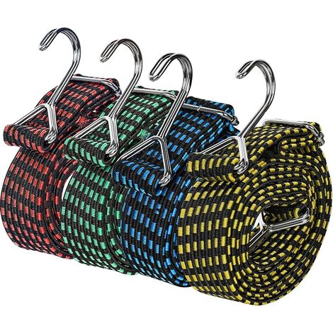 Pack de 4 Tendeurs Élastiques avec Crochets 2m, Sandows Extra Forts avec Crochets Métalliques pour Transport de Charges, Sangles Élastiques Plat Universelles pour Vélo,Moto,Voiture,Camping,4 Couleurs (1/5)