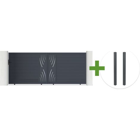 Puerta corredera VELETA de 4 m de largo y 160 cm de alto, de aluminio gris + 2 postes de aluminio gris.