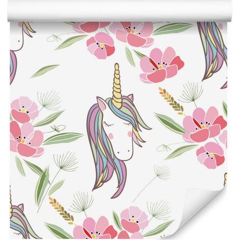 Papel pintado de unicornios durmiendo con flores para salón y dormitorio, 50x1000 cm (1/5)