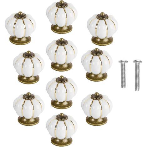 Set di 10 pomelli vintage in ceramica a forma di zucca per ante di armadi, cassetti, guardaroba e decorazioni per la casa - Bianco (1/4)