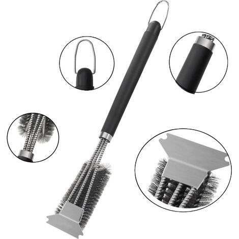 Filiyano-Brosse et grattoir pour barbecue, brosse de sécurité avec fil tressé en acier inoxydable, brosse 3 en 1 pour le nettoyage des barbecues à gaz (1/5)