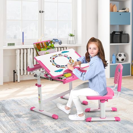 Ensemble table et chaise d'étude enfant rose avec plateau inclinable, lampe LED et tiroir, pour chambre et bureau d'enfant (1/5)