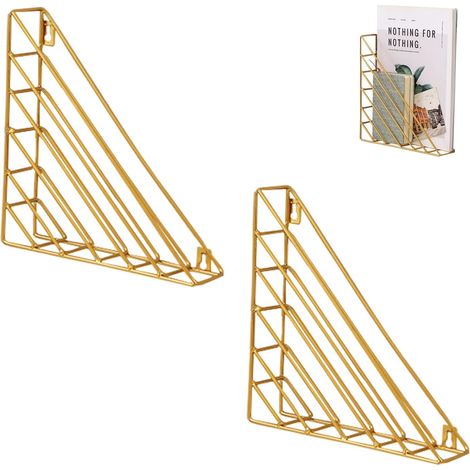 Portariviste triangolare da parete in metallo, 2 pezzi, ferro dorato, 23 x 23 x 5 cm