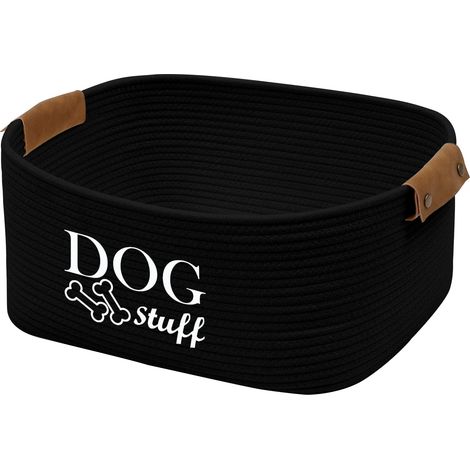 carré Panier de rangement en corde de coton pour Jouets pour Chien, avec poignée en simili cuir,Panier pour Organiser jouets-Noir (1/5)
