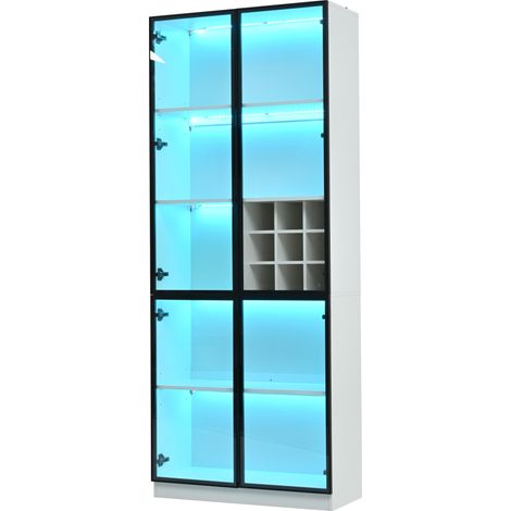 Hohe Vitrine 80 x 35 x 200 cm weiß mit Glastüren, LED und Weinregal (1/5)