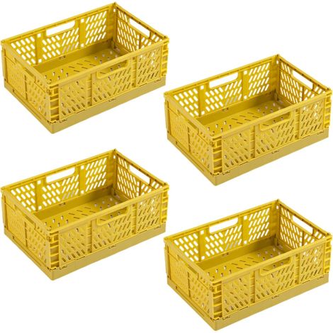 4 Cagette Pliable, Plastique ABS Jaune Avec Poignée, Panier Rangement Empilable Pour Cuisine Bureau