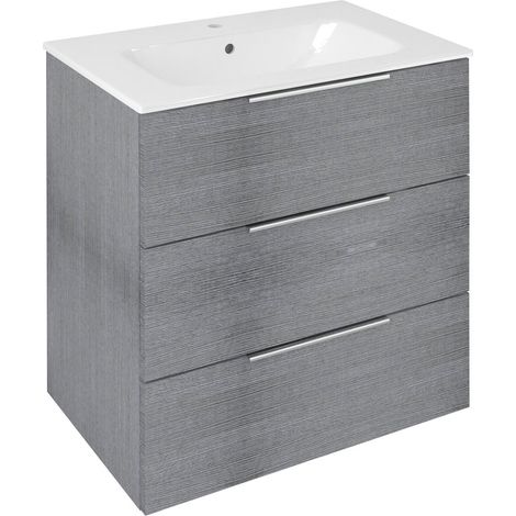 CIRASA Meuble sous-vasque 69,8x75x46cm, 3x tiroirs, chêne argenté (1/4)
