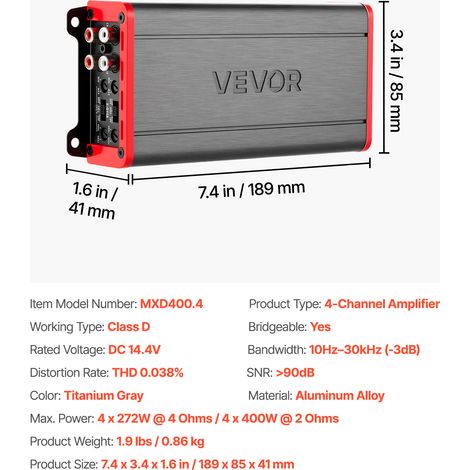 VEVOR Car Audio Amplifier, 4-Channel Bridgeable Car Amplifier, Multichannel Class D Stereo Amp, Max. 4 x 272W at 4 Ohms / 4 x 400W at 2 Ohms, High Output, for SUVs, Pickups, and Off-Road Vehicles (1/4)