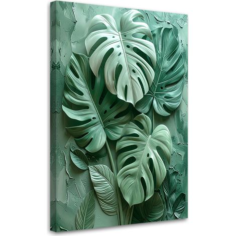 Quadro su tela, Foglie decorative di Monstera in una composizione 3D verde. - 30x45 (1/2)