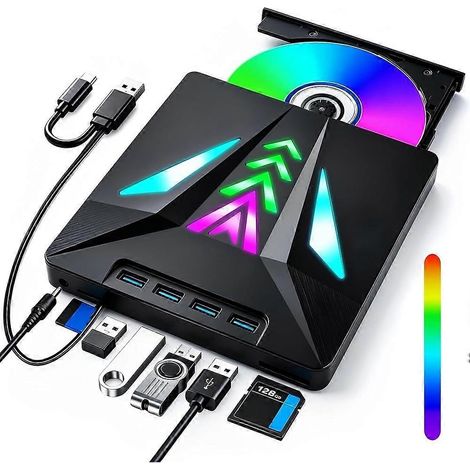 Lecteur CD/DVD externe USB 3.0 avec 4 ports USB, lecteur de cartes SD/TF, graveur ROM +/-RW et témoin LED pour ordinateur portable et PC. (1/5)