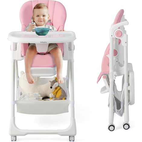 COSTWAY Trona Bebes Plegable, Silla Alta para Bebé, Trona Convertible para Infantes con 7 Alturas/5 Posiciones de Respaldo/3 Posiciones de Reposapiés, Bandeja Ajustable, Trona Portatil Bebe (Rosa) (1/5)