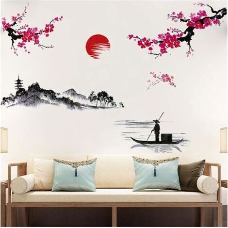 Sollbry 2 Feuilles Style Japonais Splash Ink Paysage Peinture Sticker Mural Fleur De Cerisier Rouge Stickers Muraux Amovible Peel and Stick Montagne Rivière Pêcheur Mural