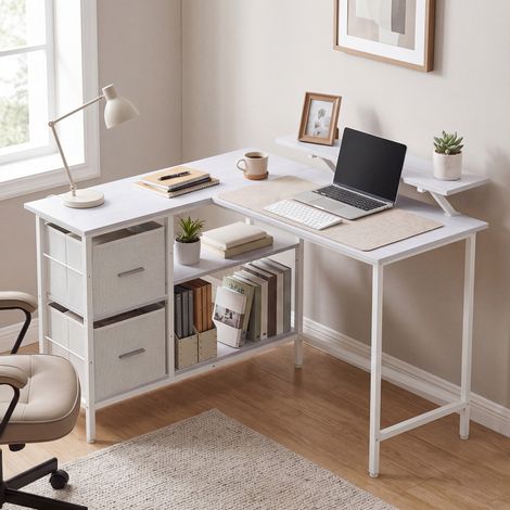 Bureau d’Angle avec Support d’Écran, Bureau de Travail en L, 2 Tiroirs, Hauteur Réglable, 115 x 105 cm, Blanc (1/5)
