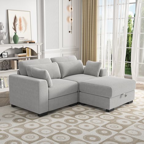 JOOKGBD-Canapé 2 places moderne modulable,canapé capitonné avec coussins rembourrés,1 pouf de rangement assorti,velours côtelé,structure bois,pour salon,gris (1/5)