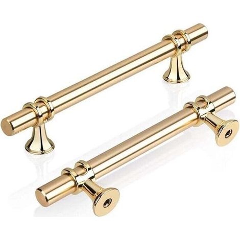 Lot de 2 poignées d'armoire de cuisine en T dorées, 96 mm, poignées de traction modernes et élégantes en alliage de zinc doré pour porte, tiroir, cuisine, salle de bain, chambre, bureau, vis incluses.