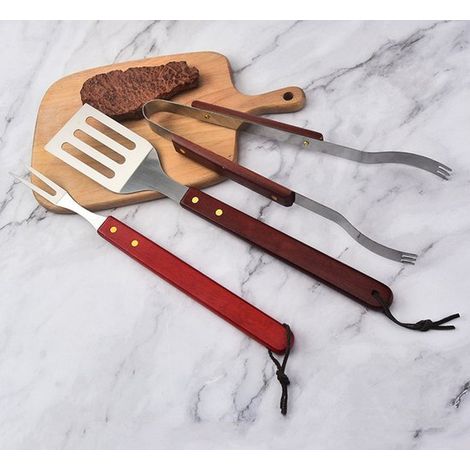 Set di 3 pezzi per barbecue in acciaio inox con manici in legno massello (1/2)