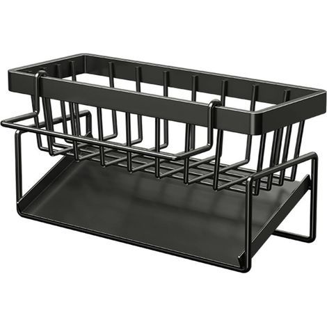 Organizador de fregadero, organizador con bandeja de drenaje extraíble, organizador de cocina de acero inoxidable, soporte multifuncional 2 en 1 para esponjas (negro) (1/4)