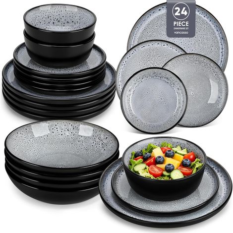 Service de table 24 pièces en grès pour 6 personnes, assiettes, bols et bols à pâtes en céramique émaillée réactive Gris avec assiettes plates de 26 cm Passe au micro-ondes et au (1/5)