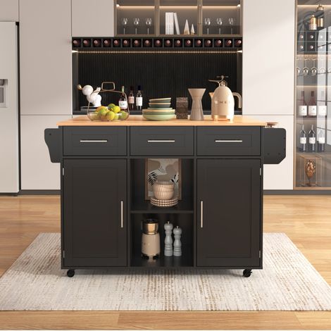 Desserte de cuisine 139x46(71)x91,5 cm noir et naturel en MDF avec plateau rabattable et roulettes (1/5)