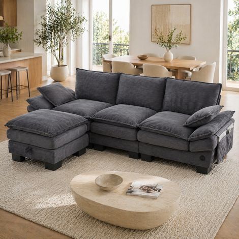 Sofá 3 plazas 260x132x84 cm de pana gris oscuro con puf, USB-C y bolsillos laterales (1/5)