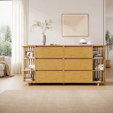 Buffet 160 cm en MDF et bambou, 6 tiroirs, étagères ouvertes, finition chêne HAVRYA (1/5)