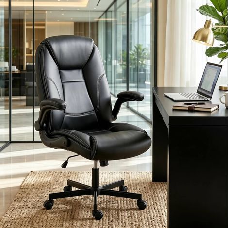 Bürostuhl 69,5x77x116 cm aus PU in Schwarz mit klappbaren Armlehnen, platzsparend – MEUBLIV (1/5)