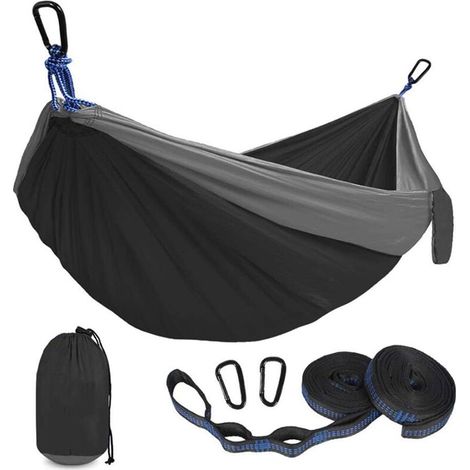 Filiyano-Hamac de camping portable double et simple avec 2 sangles en bois, hamac parachute pour la randonnée et les voyages, noir (1/5)