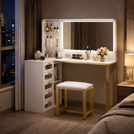 Coiffeuse 120 x 80 x 135 cm avec miroir à éclairage LED réglable - 5 tiroirs pour ranger les produits de beauté - Style scandinave–Blanc (1/5)