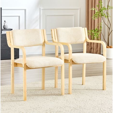 Juego de 2 sillas de comedor con reposabrazos, madera curvada, tejido teddy, blanco (1/5)