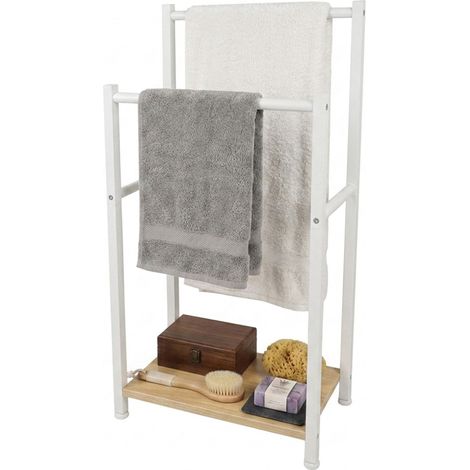 Relaxdays Handtuchständer mit Ablage, HBT: 80 x 42 x 24 cm, 2 Stangen, Handtuchhalter stehend, MDF & Metall, natur/weiß (1/5)