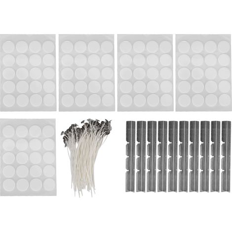 100 pièces Mèche de Bougie Blanche avec Support, 100 pièces Adhésif Double Face en Mousse, 10 pièces Support de Mèche en Acier Inoxydable