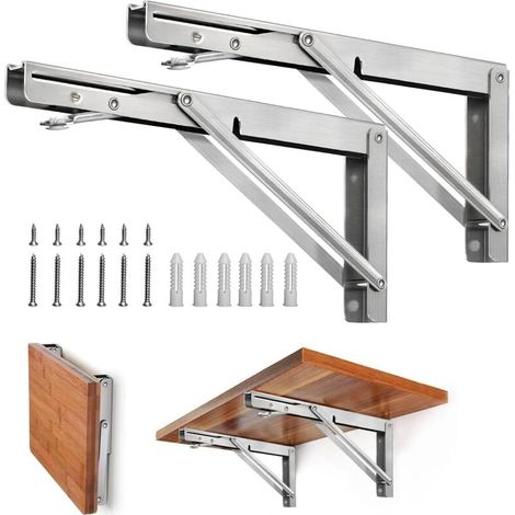 Équerre Pliante 200 mm - 2 Pièces Support Console Pliable En Acier Inoxydable - Equerre Etagere Pour Garage,Cuisine,Chambre - Avec vis de montage (1/5)