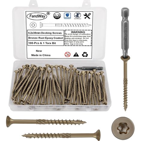 100 Pièces Vis à Bois Torx pour Panneaux D'aggloméré 4,2x38mm Vis à Tête Fraisée,Vis Autotaraudeuses Torx Universelles Pour Construction de Toiture,Terrasse Avec 1 T25 Bits.Jaune époxy. (1/5)