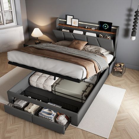 lit coffre 140x190 cm, lit double 140x190 avec LED et USB, lit hydraulique avec tiroirs, tête de lit en bois et rangement, sommier à lattes, gris, lin (1/5)
