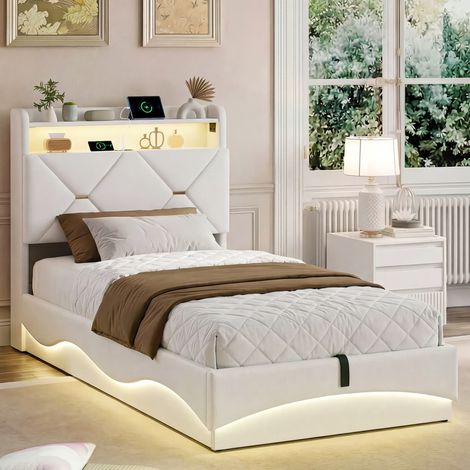 Lit coffre rembourré 90 x 200 cm,Lit simple 90x200cm,Lit avec hydraulique,Tête de Lit avec Rangement,Lit 1 place,sommier à lattes,LED et USB,Velours,Beige (1/5)