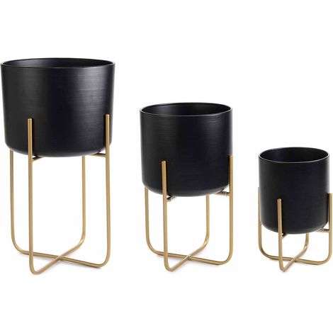 Cache-pots en métal noir avec support doré, lot de 3, grand : diam. 30 cm x H. 54,5 cm