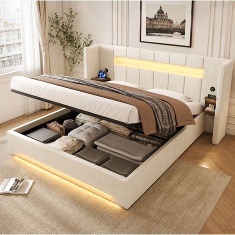 Cama con almacenaje 160x200 cm beige de terciopelo con LED, USB y elevación hidráulica (1/5)
