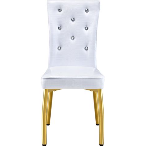 ELVMI Set aus 2 Esszimmerstühlen, Krokodilleder-Design und Kristallknöpfe, PVC und Metall, Weiß Gold (1/5)